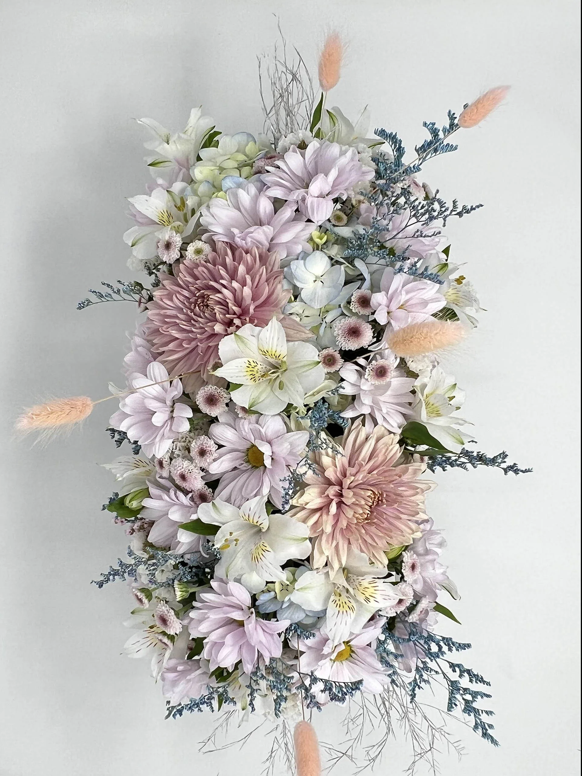 Pastel Serenity Centerpiece Arrangement with pink chrysanthemums, white alstroemeria in a wooden box