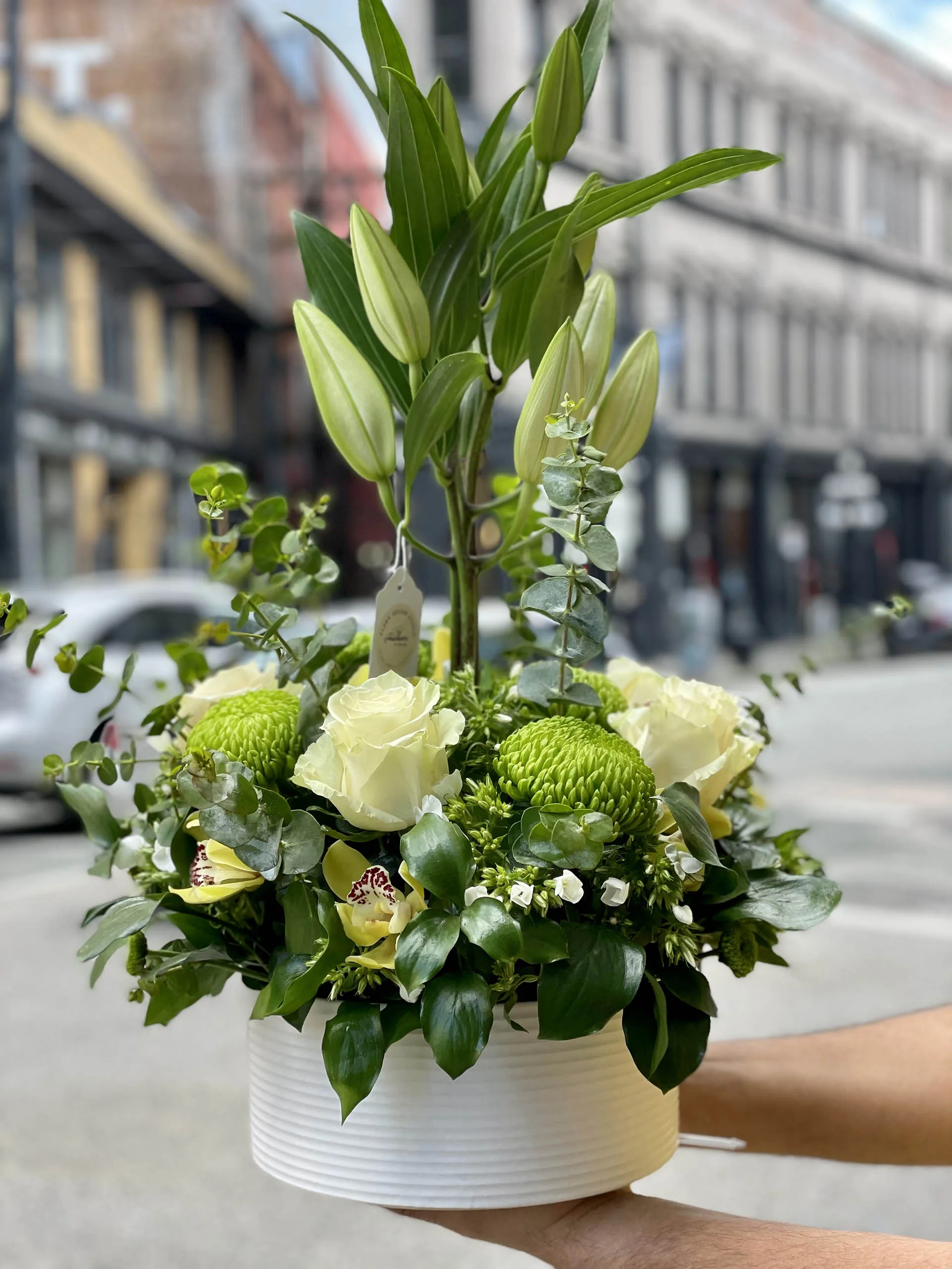 Harmony Rose Vase Arrangement – white lilies, roses, chrysanthemums and orchids in ceramic vase