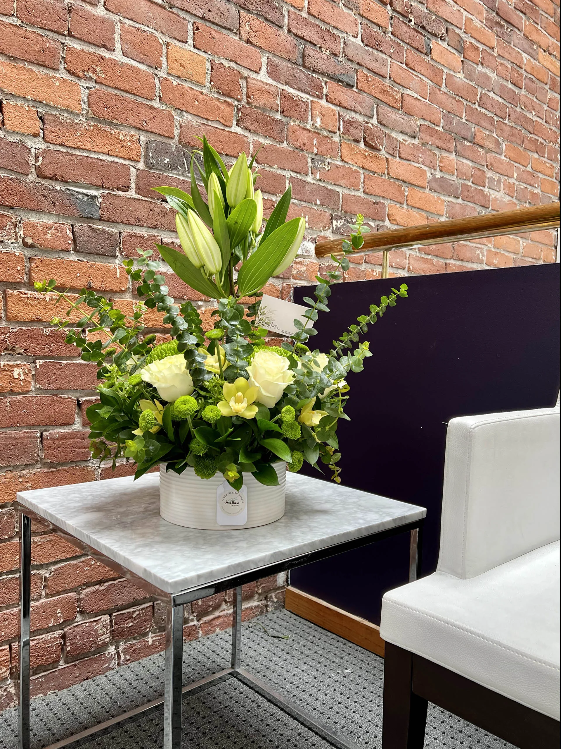 Harmony Rose Vase Arrangement – white lilies, roses, chrysanthemums, and orchids in ceramic vase