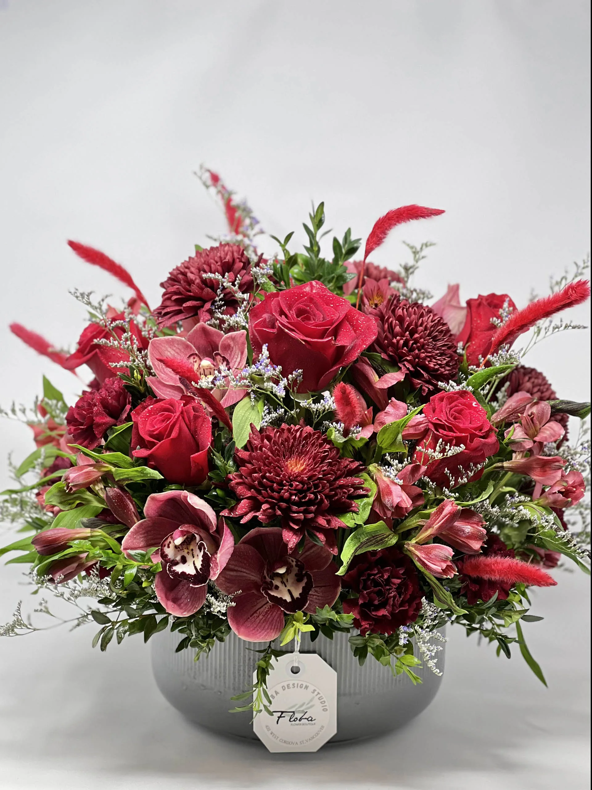 Ruby flower arrangement Vancouver – red roses and orchids in luxury vase