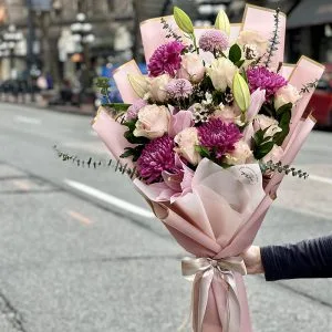 Lavender Dream Bouquet featuring lilac chrysanthemums and roses – flower delivery Vancouver