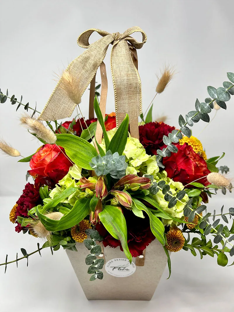 Floral basket arrangement – red & green – Floba Vancouver