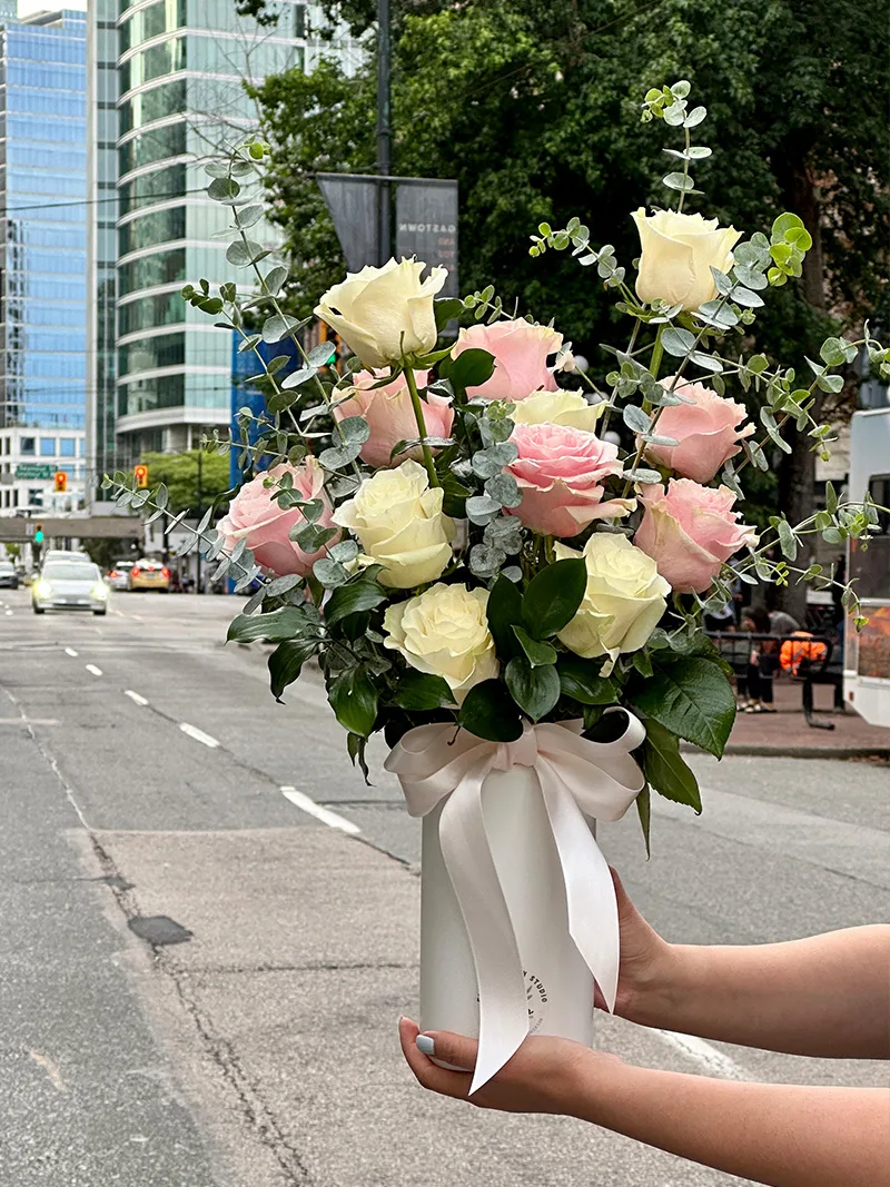 Rose Vase Arrangement Vancouver with pink rose and eucalyptus detail