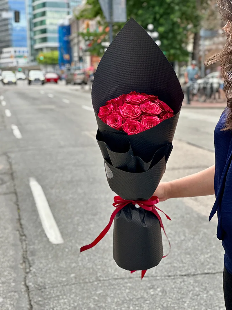 Romantic Red Rose Embrace bouquet with 12 premium red roses - Vancouver flower delivery