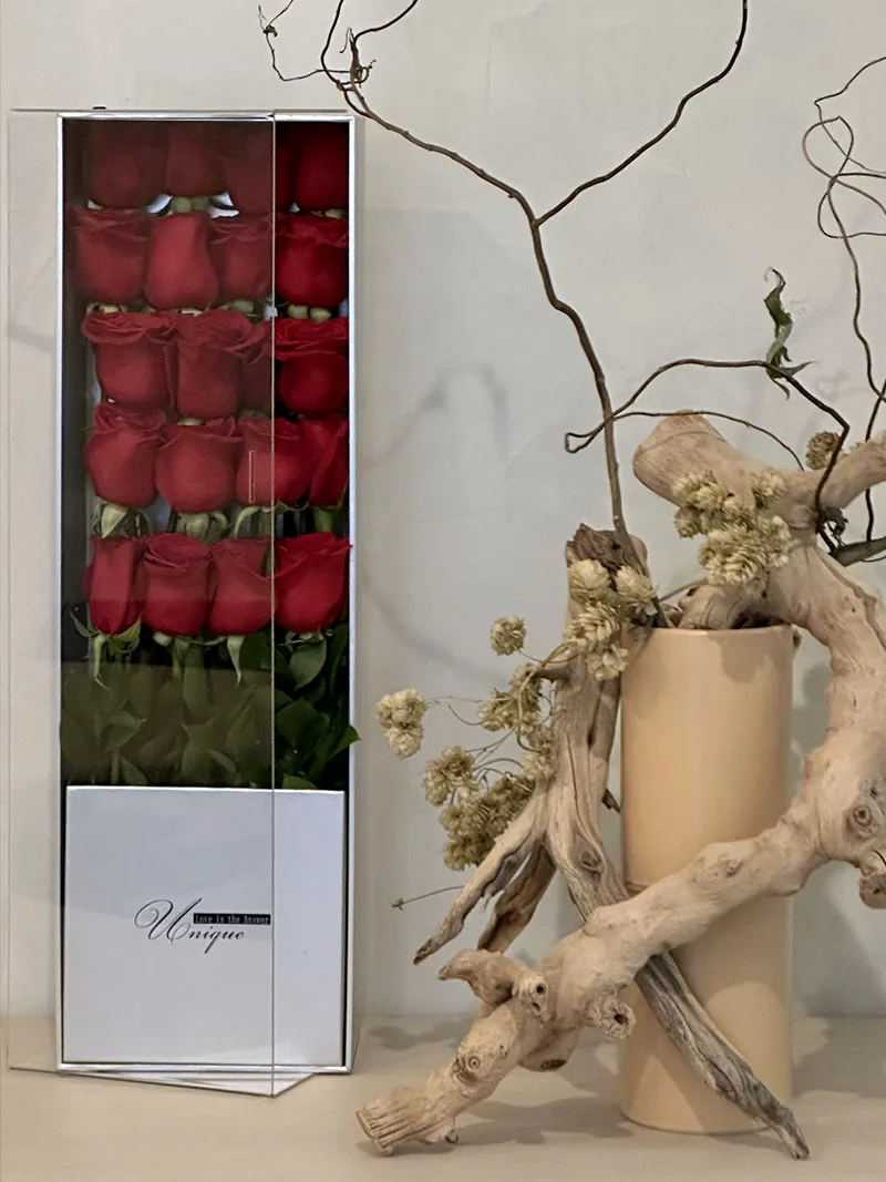 Eternal Love Rose Box featuring luxurious red roses elegantly arranged in a clear acrylic box—ideal for anniversaries, romantic gestures, and special celebrations.