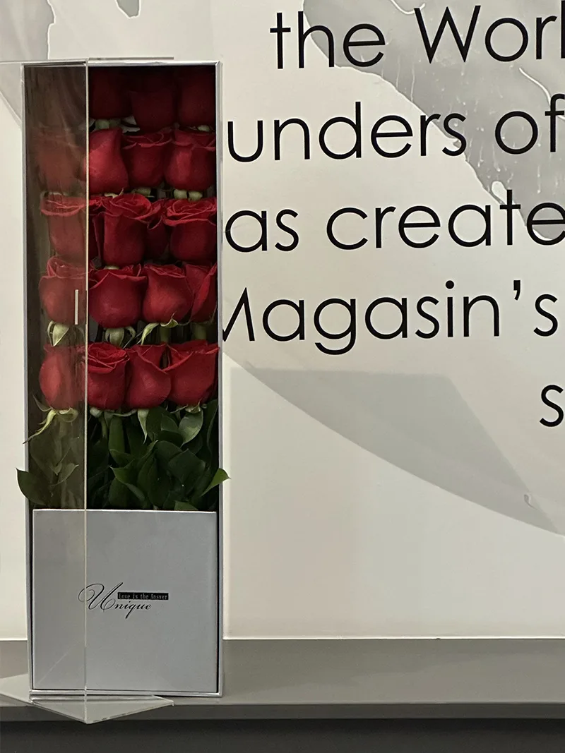 Eternal Love Rose Box featuring a collection of premium red roses elegantly presented in a stylish clear acrylic box—perfect for romantic occasions.