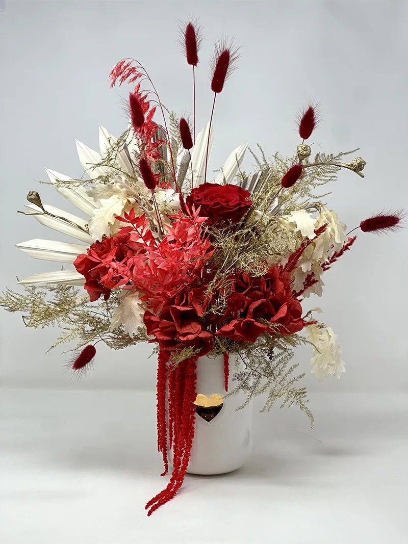 Crimson Elegance preserved flower arrangement in red and white tones – Floba Vancouver