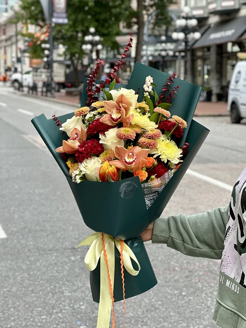 Autumn Harvest Bouquet with orchids, chrysanthemums, and fall roses