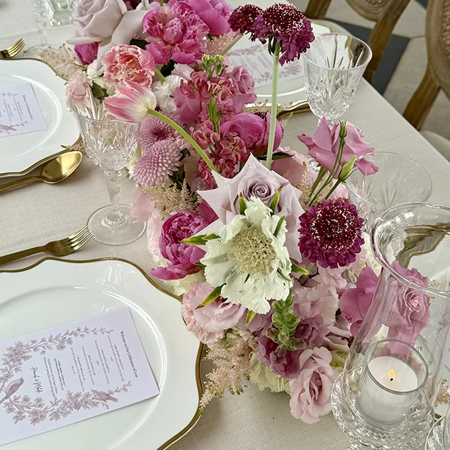 Pink and mauve floral centerpiece for luxury event in Vancouver