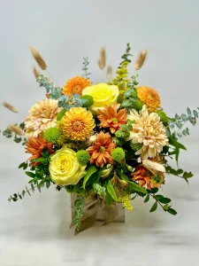 Thanksgiving floral box with yellow roses and dahlias in wooden cube – Vancouver