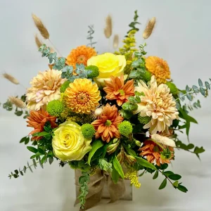 Thanksgiving floral box with yellow roses and dahlias in wooden cube – Vancouver