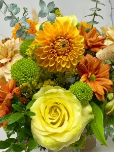 Golden Season flower arrangement with eucalyptus and bunny tails
