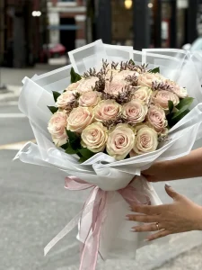 Blush and cream rose bouquet wrapped in white paper with pink ribbon – Floba Flower Boutique Vancouver