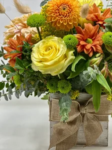 Fall centerpiece with amber dahlias and green button mums